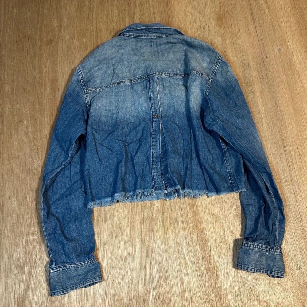 Hudson Jeans Denim Cropped Distressed Frayed Hem Button Down Shirt Jacket SM - Picture 8 of 8